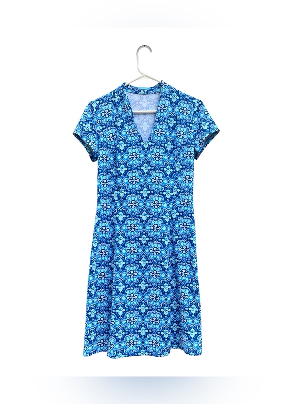 J McLaughlin Blue Mosaic V-Neck Short Sleeve Mini Dress Size Small